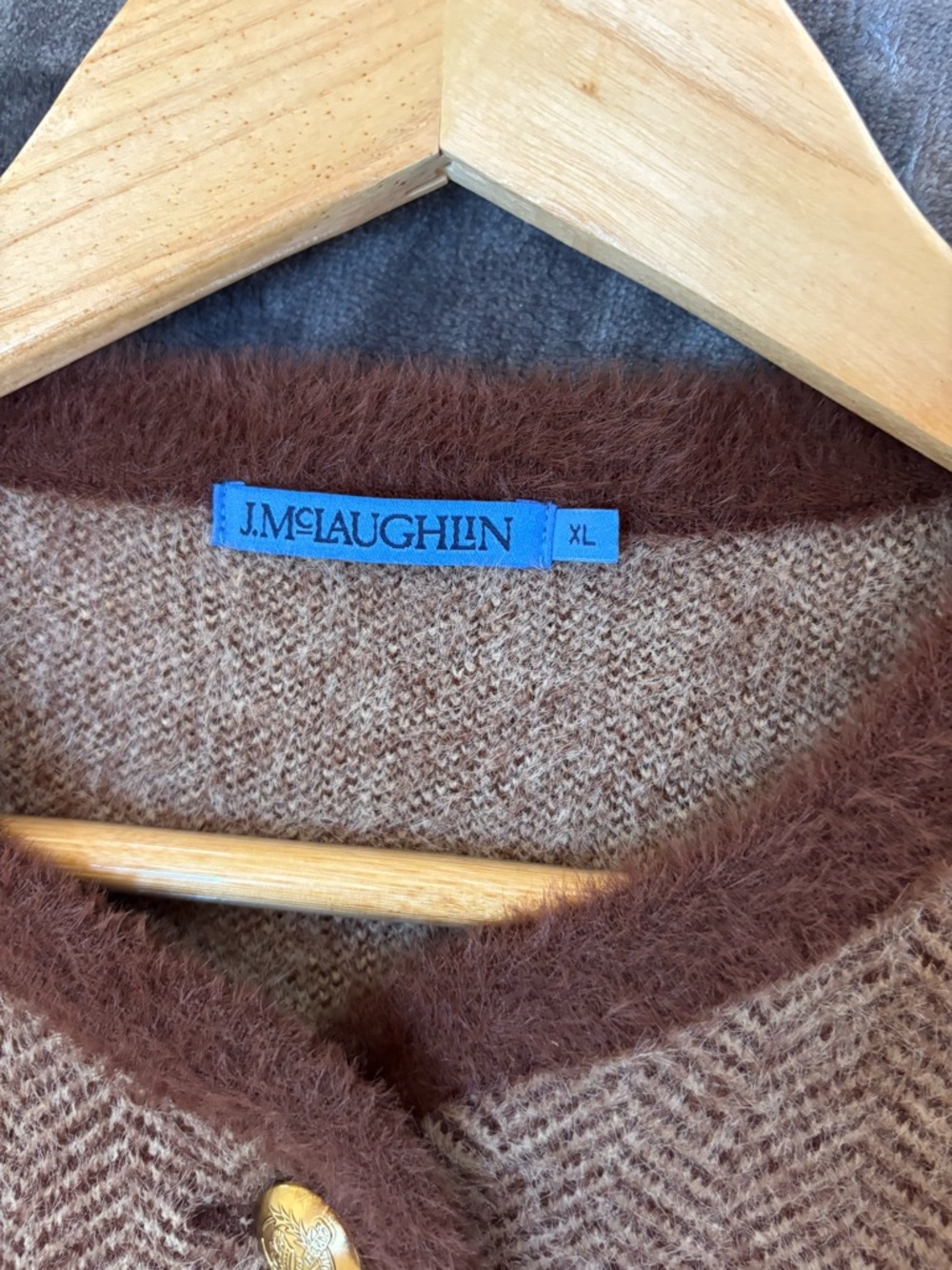 J.McLaughlin Inez Sweater Jacket XL Brown Herringbone Fuzzy Trim Button Cardigan - Picture 6 of 11